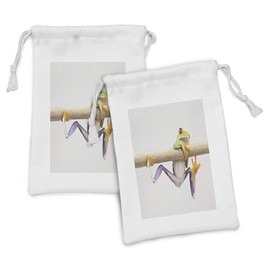 Lunarable Animal Fabric Pouch Set of 2, Funny Red Eyed Frog Hanging on the Tree Branch Wild Life Nature Animal Art, Small Drawstring Bag for Toiletries Masks and Favors, 9" x 6", Cream Purple Green