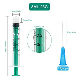 3ml Syringe with 23G 1Inch Lab Supplies, 3ml/cc Luer Lock Syringes for Scientific Labs, Measuring Liquid, Refilling Cartridges or Glue Applicator, Individual Package, 20 Pack（Green）