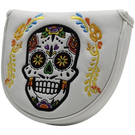 Gbourly White Golf Club Colorful Skull Skeleton Mallet Putter Head Cover Magnetic Closure Heel Shafted Satin Pattern PU Leather Headcover