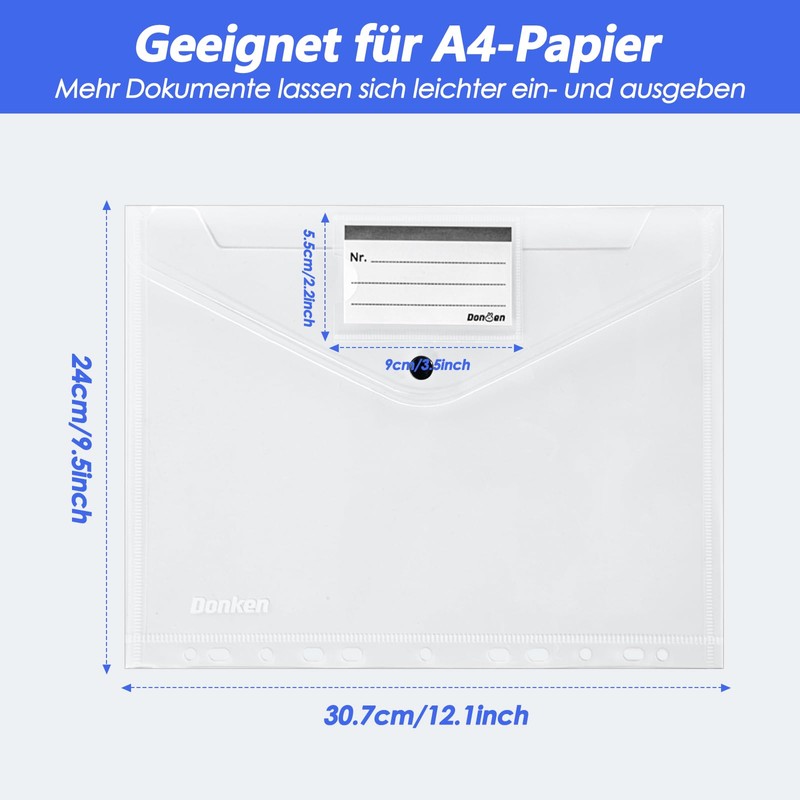 Document Folder A4, Transparent Document Bag A4 with Press Stud,