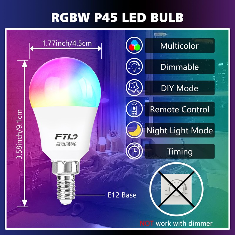 FTL E12 LED Light Bulb Color Changing, 5W 40W Equivalent