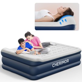 CHERIMOR Air Mattress Queen with Built in Pump, 20.5" High Inflatable Mattress with Integrated Pillow, Portable Self Inflating Blow Up Mattress with Flocked Top, Air Bed for Guests, Home & Camping