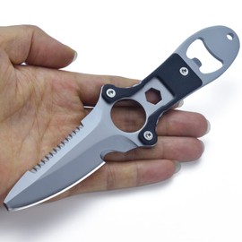 JPCRMOV Diving Knife with Leg Strap Nylon Sheath, Diver's Utility Knife Fixed Blade serrated knife (Black Handle)