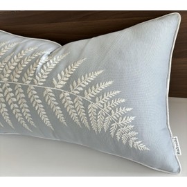 Rudransha Fern Embroidered Oblong Decorative Accent Throw Pillow Cover - for Master Bedroom, New Home, Anniversary, Farmhouse, Couch, Sofa - 14x24 Inches - Robins Egg