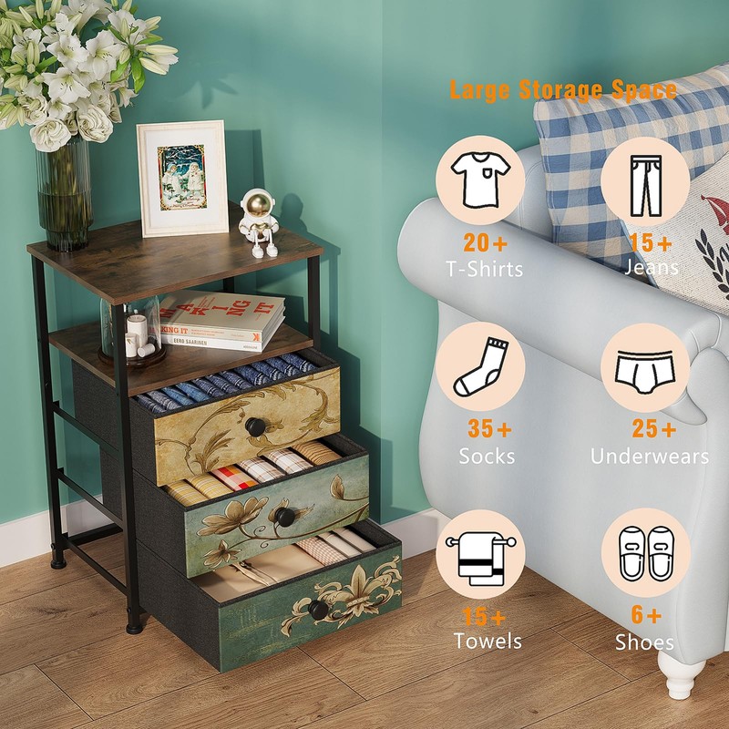 Tohomeor Nightstand with 3 Fabric Drawers Retro End Table with