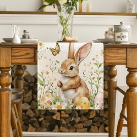Bunny Rabbit Butterfly Eggs Flowers Easter Table Runner, Seasonal Spring Kitchen Dining Table Decoration for Home Party Decor 13x48 Inch