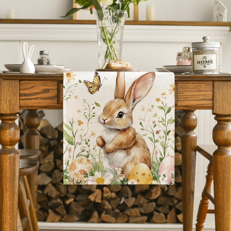 Bunny Rabbit Butterfly Eggs Flowers Easter Table Runner, Seasonal Spring