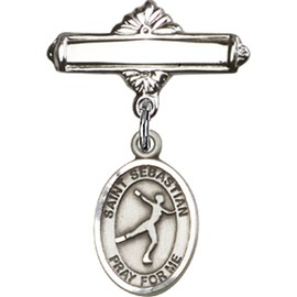 Sterling Silver Baby Badge with St. Sebastian/Figure Skating Charm and Polished Badge Pin 1 X 5/8 inches