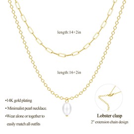 Dochais 14K Gold-Plated Pearl Necklace Women's Necklace Gold Women's Necklace Gold Beads Chain Layered Chain with Pearl Silver/Gold Chains Necklace Women Gifts Jewellery Ladies, Pearl