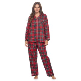 Casual Nights Women's Flannel Long Sleeve Button Down Pajama Set - Red Stewart - Large