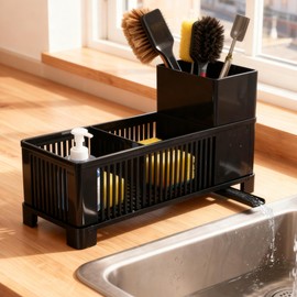 ZHABAYEN Sink Organizer, Black Sponge Holder with Scrub Brush Holder, Removable Kitchen Countertop Organizer, Kitchen Sink Caddy for Storage Essentials