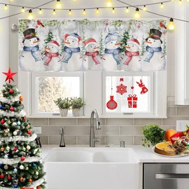 2 Pack Snowman Curtains Valance for Bedroom Living Room, Christmas Tree Red Cardinals Curtains & Drapes Rod Pocket Winter Snowy Scene Valance for Kitchen Window Curtains Over Sink 54x18in,2 Panel