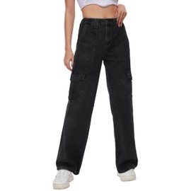 Tapata Women's 26"/28"/30"/32"/34" Cargo Jeans Straight Leg Short Petite Regular Tall Denim Relaxed Y2K Pants Black, L