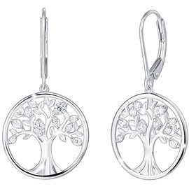 Agvana Sterling Silver Tree of Life Earrings for Women Cubic Zirconia CZ Family Tree Leverback Dangle Drop Earrings Anniversary Birthday Gifts for Women Women Grandma Wife Her