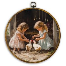 CUANFDDSF Vintage Farmhouse Girl and Chickens Round Wall Art, Rustic Cottagecore Kitchen Framed Hanging Wall Decor, Country Animal Scene Canvas Prints Decorations for Farm House Room, 10x10 Inch