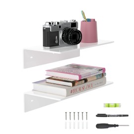 Sezanrpt 30 cm White Acrylic Wall Shelves, Set of 2, White Floating Shelf, Wall Mounted Shelves for Funko Pop Shelves, Smart Speakers, Plants, Picture Frame, Digital Clock