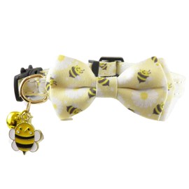 Petiry Charming Cat Collar with Removable Bow Tie,Cute Bee Pattern Kitten Collars with Gold Bell and Bee Charm,Pack of 1