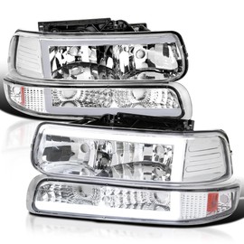 Spec-D Tuning LED Bar Chrome Housing Clear Lens Headlights + Bumper Lights 4PC Compatible with 1999-2002 Chevy Silverado 2000-2006 Tahoe Suburban Left + Right Pair Headlamps Assembly
