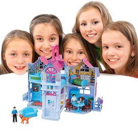 BAKAJI Dollhouse Toy Children's Villa with 2 Floors with Kitchen, Living Room and Bedrooms, 3 Figures Included and Accessories, Game Portable Case