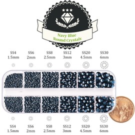 One Pack 2000 Pcs of Flatback Round Navy Blue Rhinestones 6 Sizes (1.5-6 mm) with Nail Art Rhinestone Picker Pencil And Tweezer For DIY And Salon Use