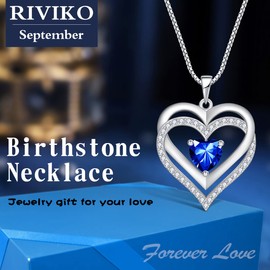 RIVIKO Heart September Birthstone Necklaces Gifts for Women, 925 Sterling Silver Love Heart Pendant Necklace Mothers Day Valentines Christmas Birthday Jewelry Gifts for Her Mom Wife Girlfriend
