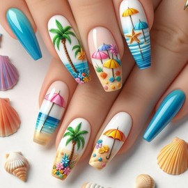 Summer Coconut Tree Press on Nails Medium Ballet Shaped Starfish Umbrella and Wave Pattern Design Beach False Nails Full Cover Glossy Acrylic Artificial Fingernails DIY Glue on Nails for Women