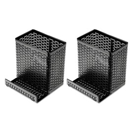 Plexon Punched Metal Pencil Cup/Cell Phone Stand, Perforated Steel, H x 4 in. W x 3.5 in. Black, 2 Pack