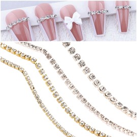 Yuzhiye Nail Parts Stone Chain 1.5mm 2mm 4pcs 200cm Rhinestone Chain Cuttable Gel Nail Art Accessory Parts (Silver+Gold)