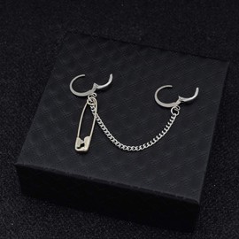 Threader Safety Pin Tassel Chain Cuff Wrap Small Hoop Dangle Drop Earrings for Men Women Cartilage Two Holes Huggie Hoops Fashion Punk Climber Crawler Hip Hop Rock Kpop Gothic Piercing Gifts Son