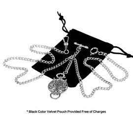 TREEWETO Men's Double Albert Chain Pocket Watch Curb Link Key Chain 3 Hooks with Antique Wolf Silver Pendant Design Charm Fob T Bar