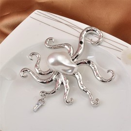 Pearl Octopus Brooch Squid Brooch Marine Animal Lapel Pin Corsage Children Birthday Gift Collar Lapel Badge Scarves Shawl Clip Safety Pin Clothes Bag Ornament Silver Tone