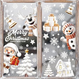 IHCEMIH Christmas Window Stickers, 9 Sheet 146pcs 3D White Static Windows Sticker Xmas Scene Reusable Double Sided Snowflake Santa Reindeer Clings Winter Decals Decorations Party Home Decor Supplies