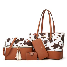 YTL Women Fashion Handbags Wallet Tote Bag Shoulder Bag Top Handle Satchel Cow Print Purse Set 4pcs