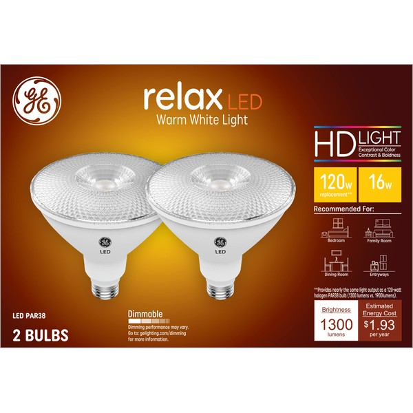 GE Lighting Relax LED Light Bulbs, HD Light, 16 Watt (120 Watt Equivalent) Warm White, PAR38 Floodlight Bulb, Medium Base, Dimmable (2 Pack)