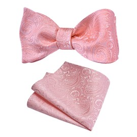 GUSLESON Rose Gold Self Tied Bow Tie Mens Silk Paisley Bow tie Pocket Square Set for Wedding (0652-14)
