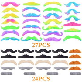 27pcs Mixed Multi-color Fake Moustache Fun Styles Novelty Self-Adhesive False Beards and 24pcs 4 Colors Short Plush Fake Mustaches Stickers Set for Birthday Party Costume and Performance