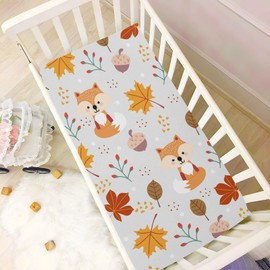 Pfrewn Crib Sheets for Boys Girls Autumn Fox Leaves Fitted Crib Sheet for Mini Crib Mattress Fall Leaves Berry Icon Stretch Soft Toddler Baby Playard Sheet, 39x27x5IN
