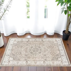 Washable 2x3 Entryway Area Rug - Neutral Kitchen Rug Runner Vintage Soft Floor Mat Non Slip Indoor Farmhouse Carpet for Bathroom Living Room Bedroom (2 X 3, Beige)