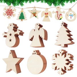 DLUSZERT 72 Pcs Wooden Christmas Decoration, 6 Different Shape Christmas Ornament for Craft, Natural Wood Slice with Hole and 10M String, Unfinished Wooden Baubles for Christmas Tree DIY Pendant