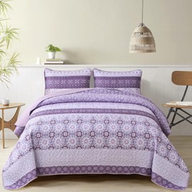 WONGS BEDDING Boho Quilt Set King,Purple Bohemian Striped Patchwork Bedspread Coverlet Set with 2 Pillowcases,Lightweight Microfiber Floral Quilt Bedding Set 104"×90"