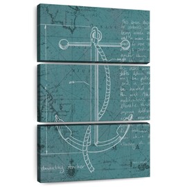 ElephantStock - Coastal Blueprint II Wall Art - Vertical Multi Panel Canvas - 3 Piece Living Room Wall Decor - Drawing Anchor Multi Piece Wall Art - Teal And White Decor by Marco Fabiano - 24" x 38"