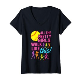 Womens All The Pretty Girls Walk Like This - Softball Humor V-Neck T-Shirt