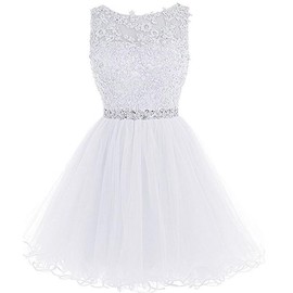 Dydsz Women's Beaded White Homecoming Dresses for Teens 2025 Tulle Prom Dress Short Junior Party Cocktail Gown 126 Size 6