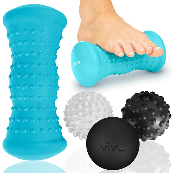 Vive Massage Ball Set (4 Piece) - Foot Pain Hot Cold Therapy Kit - Plantar Fasciitis, Heel Spur, Sore Muscles, Trigger Point - Back, Arm, Neck, Shoulder, Leg Circulation Roller - PT Spike Massager