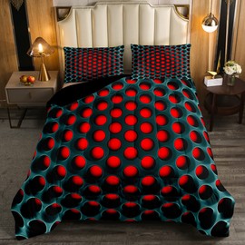 Green Red Neon Hexagon Bedding Sets Honeycomb Geometric Comforter Set Full,Beehive Reversible Black Comforter Set For Kids Boys Teen,Stereoscopic Dense Holes Quilt Duvet Soft Lightweight 3 Pieces