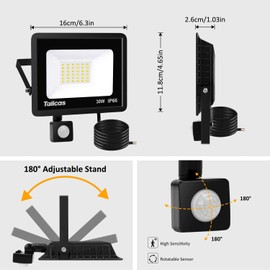 Tailcas 30 W LED Spotlight with Motion Sensor Outdoor, 6500 K Cool White Super Bright 36 LEDs Spotlight, 2700 LM Outdoor Spotlight, IP66 Waterproof Floodlight for Garden, Courtyards, Garage, Home,