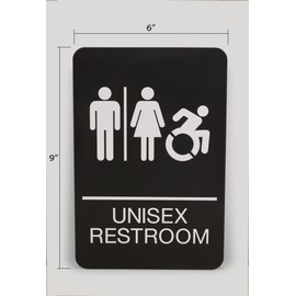 Headline Sign Dynamic UNISEX RESTROOM Accessible ADA Sign, Raised White Letters Braille and International Symbols, Rigid Plastic with Mounting Tape included, Made in USA, 6" x 9" x 1/8", Black