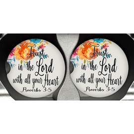 Proverbs 3:5-Trust In The Lord Christian Bible Verse Car Coaster-Black Quote with a Flower Bouquet & Cream Background- (SET OF 2) Sandstone Car Coasters-Absorbent Auto Car Coasters