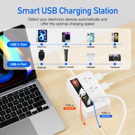 HITRENDS 12 IN 1 Power board with USB C, Surge Protector Power Strip, 6 Widely Outlets and 6 USB(3 TYPE-C), 1.8M/5.9Ft Extension Cord, Wall Mount Outlet Extender, Office Supplies, Dorm Room Essentials