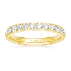TIGRADE 3mm Women Titanium Engagement Ring Half Cubic Zirconia Eternity Wedding Band Size 3-13, Gold, Size 11.5
